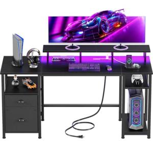 Furologee 61" Gaming Desk with Power Outlets & LED Lights, Reversible Computer Desk with File Cabinet & Monitor Stand for Home Office, Large Work Table with Storage Shelves & Drawer, Black
