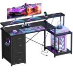ODK 55 Inch Computer Gaming Desk with Power Outlets & 4 Drawers, Home Office Desk with Monitor Stand & Printer Shelves, Black