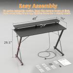 TIQLAB Gaming Desk with Power Outlets & LED 40 Inch Ergonomic Computer Carbon Fiber Surface Gamer Desk, Large Monitor Stand, Headphone Hook, PC Workstation for Bedroom, Black