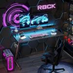 TIQLAB Gaming Desk with Power Outlets & LED 40 Inch Ergonomic Computer Carbon Fiber Surface Gamer Desk, Large Monitor Stand, Headphone Hook, PC Workstation for Bedroom, Black