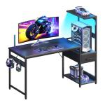 Casaottima 48 Inch Gaming Desk with Storage & LED Lights, Reversible Computer Desk with Display Shelves & Fabric Drawer, Modern Gamer Desk Table with Side Headphone Hook, Carbon Fiber Black