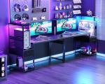 Casaottima 48 Inch Gaming Desk with Storage & LED Lights, Reversible Computer Desk with Display Shelves & Fabric Drawer, Modern Gamer Desk Table with Side Headphone Hook, Carbon Fiber Black
