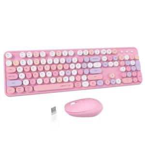 UBOTIE Colorful Computer Wireless Keyboard Mice Combo, Retro Typewriter Flexible Keys Office Full-Sized Keyboard, 2.4GHz Dropout-Free Connection and Optical Mouse (Pink-Colorful)