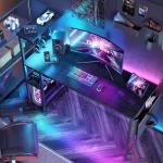 Bestier Gaming Desk with LED Lights, 51.3 Inch Computer Desk with 4 Tiers Reversible Shelves, Home Office Writing Desk with Side Storage Bag, Hooks and Height Adjustable Shelf (Black Grained)