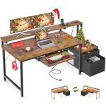 AODK 55" Computer Desk with Fabric File Cabinet and Drawer, Reversible Office Desk with Power Outlet and LED Light, Study Desk with Printer Stand, Keyboard Tray, Monitor Riser and PC Stand, Vintage