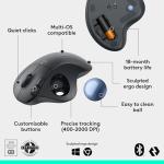 Logitech Ergo M575S Wireless Trackball Mouse, Wireless Ergonomic Mouse with Bluetooth and Encrypted Dongle, Comfortable Thumb Control, Precise and Smooth Tracking, for PC/Mac - Graphite Blue Ball