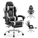 DUMOS Ergonomic Gaming Office Desk Chair with Footrest, Height Adjustable 360° Swivel Computer Video Game Chair with Headrest and Lumbar Support, Black White