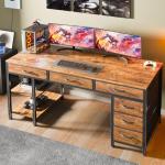 Huuger Computer Desk with 6 Drawers, 54 Inch Office Desk with Shelves, Reversible Gaming Desk, Corner Desk with Storage, Work for Home Office, Study, Living Room, Rustic Brown