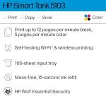HP Smart Tank 5103 Wireless All-in-One Ink Tank Printer, Scanner,2 Years of Ink, 100 Sheets of Photo Paper Included, Cartridge-Free, Refillable, AI-Enabled (5D1B2A)