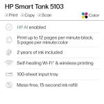 HP Smart Tank 5103 Wireless All-in-One Ink Tank Printer, Scanner,2 Years of Ink, 100 Sheets of Photo Paper Included, Cartridge-Free, Refillable, AI-Enabled (5D1B2A)