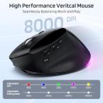 LTC GM051 Wireless Ergonomic Vertical Mouse,Ergo Mice with 5 Side Buttons,8K DPI Optical Tracking,850 mAh Rechargeable Battery,9 Programmable Buttons,Multi-Device for Mac OS,PC,Desktop,Laptop,Black