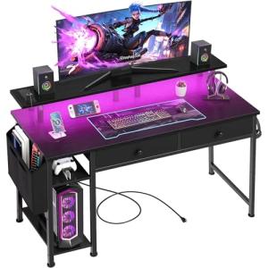 DLisiting Black Gaming Desk with Shelves and Drawers - 39 Inch Small Gaming Desk with Storage Shelves for Boys Teens Bedroom, Black Computer Desks with Drawers, Monitor Stand, Power Outlet