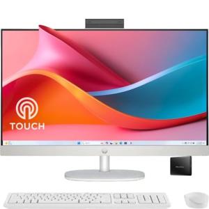 HP 27" FHD Touchscreen All-in-One Desktop Computer, 16GB DDR5 RAM 1.5TB Storage(1TB SSD and 512GB External), AMD Ryzen 5 7520U Processor, WiFi6, Wireless Keyboard & Mouse, Windows 11