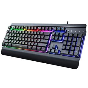 RisoPhy Gaming Keyboard, 104 Keys All-Metal Panel, Rainbow LED Backlit Silent Computer Keyboard, Wrist Rest, Multimedia Keys, Anti-Ghosting, Waterproof Light Up Wired Keyboard for PC Mac Gamer