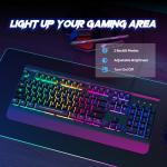 RisoPhy Gaming Keyboard, 104 Keys All-Metal Panel, Rainbow LED Backlit Silent Computer Keyboard, Wrist Rest, Multimedia Keys, Anti-Ghosting, Waterproof Light Up Wired Keyboard for PC Mac Gamer