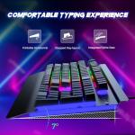 RisoPhy Gaming Keyboard, 104 Keys All-Metal Panel, Rainbow LED Backlit Silent Computer Keyboard, Wrist Rest, Multimedia Keys, Anti-Ghosting, Waterproof Light Up Wired Keyboard for PC Mac Gamer