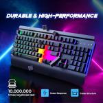 RisoPhy Gaming Keyboard, 104 Keys All-Metal Panel, Rainbow LED Backlit Silent Computer Keyboard, Wrist Rest, Multimedia Keys, Anti-Ghosting, Waterproof Light Up Wired Keyboard for PC Mac Gamer