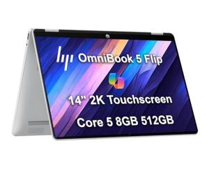 HP OmniBook 5 Flip (Next Gen Envy x360) 2-in-1 Laptop (14" 2K IPS Touchscreen, Intel 10-Core 5 120U (> i7-1255U), 8GB DDR5 RAM, 512GB SSD) for Business, Students, 5MP IR Webcam, Backlit, Win 11 Pro