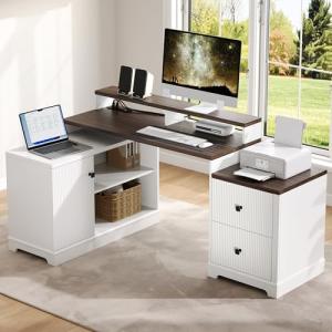 67" L Shaped Executive Desk with Drawers & Storage Shelf, Corner Computer Desk with Power Outlets, Home Office Desk with Monitor Stand, Printer Shelf, Computer Writing Desk for Work, Antique White