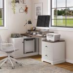 67" L Shaped Executive Desk with Drawers & Storage Shelf, Corner Computer Desk with Power Outlets, Home Office Desk with Monitor Stand, Printer Shelf, Computer Writing Desk for Work, Antique White