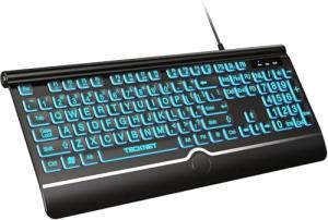 TECKNET Large Print Backlit Keyboard, Wired USB-A Computer Keyboard with Wrist Rest, 7-Color Backlit, Oversized Letter Keys Easy to See, Plug-and-Play, Silent, Light Up Keyboard for Windows/PC/Laptop