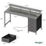 Huuger 55 Inch Computer Desk with Power Outlets and LED Lights, Gaming Desk with 4 Drawers, Office Desk with Monitor Stand, Study Work, Home Office, Gray