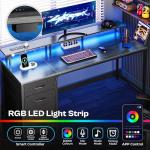 Huuger 55 Inch Computer Desk with Power Outlets and LED Lights, Gaming Desk with 4 Drawers, Office Desk with Monitor Stand, Study Work, Home Office, Gray