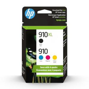 HP Original 910 Cyan, Magenta, Yellow / 910XL Black Ink Cartridges (4-Pack) | Works OfficeJet 8010, 8020 Series OfficeJet Pro 8020, 8030 Series | Eligible for Instant Ink | 3JB41AN