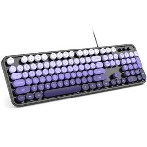 MOWUX Computer Keyboard Wired, Plug and Play USB Retro Round Typewriter Keyboard, Full Size Wired Keyboard with Foldable Stands for Laptop and Office PC- Black Purple Gradient