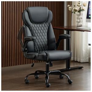 amseatec Office Chair, Executive PU Leather Chair Home Office Desk Chairs, Ergonomic Computer Desk Chair with Adjustable Flip-Up Arms, Lumbar Support Swivel Task Chair with Rocking Function (Black)