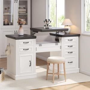 Jocoevol Farmhouse 57" Lift Up Executive Desk with 5 Drawers and Charging Station, Wood Home Office Computer Desk with File Cabinet Storage, Keyboard Tray,Headphone Hook for Work,Study (White+Black)