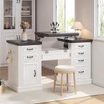 Jocoevol Farmhouse 57" Lift Up Executive Desk with 5 Drawers and Charging Station, Wood Home Office Computer Desk with File Cabinet Storage, Keyboard Tray,Headphone Hook for Work,Study (White+Black)