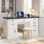 Jocoevol Farmhouse 57" Lift Up Executive Desk with 5 Drawers and Charging Station, Wood Home Office Computer Desk with File Cabinet Storage, Keyboard Tray,Headphone Hook for Work,Study (White+Black)