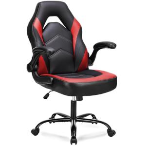 DUMOS Ergonomic Computer Gaming Chair with Flip-up Armrest, Height Adjustable PU Leather Home Office Desk Chair with Lumbar Support Swivel Wheels and for Adults and Kids, Scarlet Red