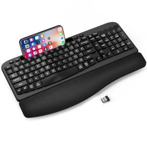 Ergonomic Wireless Keyboard with Cushioned Wrist Rest, Wave Keys, Phone Holder, Comfortable Natural Typing, 2.4GHz Full Size Cordless USB Computer Keyboard for Windows, Mac OS, Laptop, PC (Black)