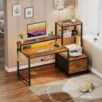 GreenForest Computer Desk with Drawers and Monitor Stand, Home Office Desk with Storage Shelves, Small Gaming Desk with Power Outlets and LED Lights for Study Writing Working, 51 inch Walnut