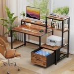 GreenForest Computer Desk with Drawers and Monitor Stand, Home Office Desk with Storage Shelves, Small Gaming Desk with Power Outlets and LED Lights for Study Writing Working, 51 inch Walnut