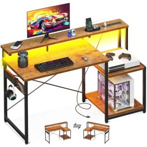 AODK Computer Desk, 48 Inch Gaming Desk with Led Lights & Power Outlet, Office Desk with Storage Shelves, Reversible Desk with Monitor Shelf & Headphone Hook, Rustic Brown