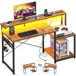 AODK Computer Desk, 48 Inch Gaming Desk with Led Lights & Power Outlet, Office Desk with Storage Shelves, Reversible Desk with Monitor Shelf & Headphone Hook, Rustic Brown