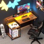 AODK Computer Desk, 48 Inch Gaming Desk with Led Lights & Power Outlet, Office Desk with Storage Shelves, Reversible Desk with Monitor Shelf & Headphone Hook, Rustic Brown