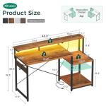 AODK Computer Desk, 48 Inch Gaming Desk with Led Lights & Power Outlet, Office Desk with Storage Shelves, Reversible Desk with Monitor Shelf & Headphone Hook, Rustic Brown