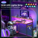 AODK Computer Desk, 48 Inch Gaming Desk with Led Lights & Power Outlet, Office Desk with Storage Shelves, Reversible Desk with Monitor Shelf & Headphone Hook, Rustic Brown