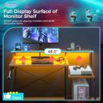 AODK Computer Desk, 48 Inch Gaming Desk with Led Lights & Power Outlet, Office Desk with Storage Shelves, Reversible Desk with Monitor Shelf & Headphone Hook, Rustic Brown