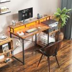 AODK Computer Desk, 48 Inch Gaming Desk with Led Lights & Power Outlet, Office Desk with Storage Shelves, Reversible Desk with Monitor Shelf & Headphone Hook, Rustic Brown