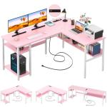 Unikito Reversible L Shaped Desk with Magic Power Outlets and USB Charging Ports, Sturdy Corner Computer Desk with Storage Shelves, Gaming Table Home Office Desk, Easy to Assemble, Pink