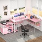 Unikito Reversible L Shaped Desk with Magic Power Outlets and USB Charging Ports, Sturdy Corner Computer Desk with Storage Shelves, Gaming Table Home Office Desk, Easy to Assemble, Pink