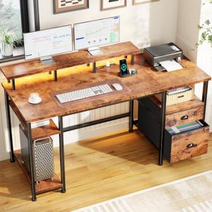 Furologee 61" Computer Desk with Power Outlet and LED Lights, Desk with Fabric File Cabinet Drawer, Large Reversible Table with Shelves and Monitor Stand, Writing Study Table for Home Office