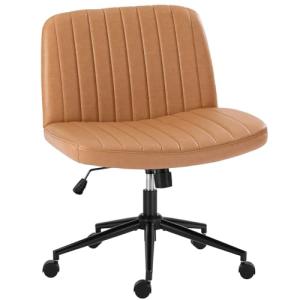 OLIXIS Criss Cross Chair with Wheels Wide Cross Legged Office Desk Vanity Chair Comfy Fabric Armless Adjustable Swivel for Home Computer Task PU Brown