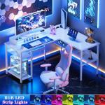 Unikito Reversible L Shaped Computer Desk with Power Outlets and Monitor Stand, Sturdy Corner Desk with RGB LED Light and Storage Shelves, Modern Work Desk for Home Office, Easy to Assemble, White