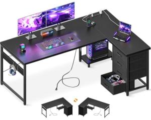 AODK L Shaped Gaming Desk with 4 Drawers, 61" Reversible Home Office Desks with Power Outlets, L Shaped Computer Desk with USB Charging Port and Host Stand, Corner Desk, Easy to Assemble, Black